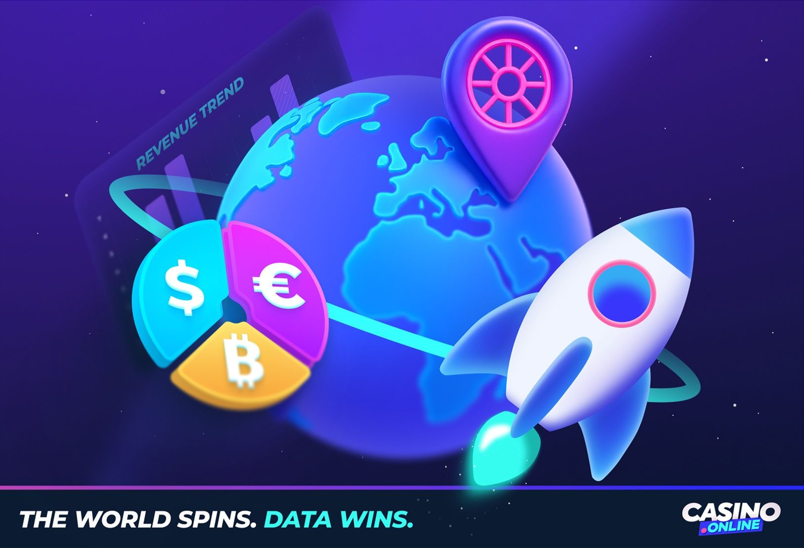 Global online casino analytics concept with pie chart, cryptocurrency, and rocket launching around Earth, symbolizing global gambling revenue growth trends.